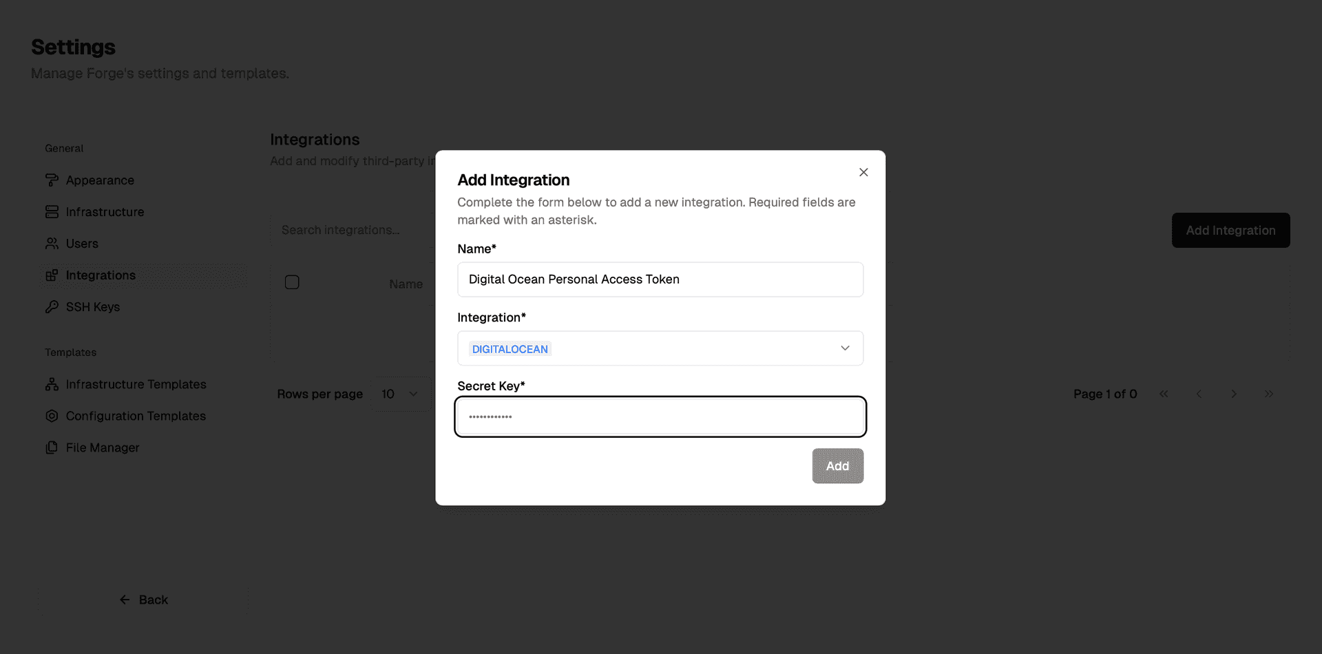 Adding an Digital Ocean integration in Forge