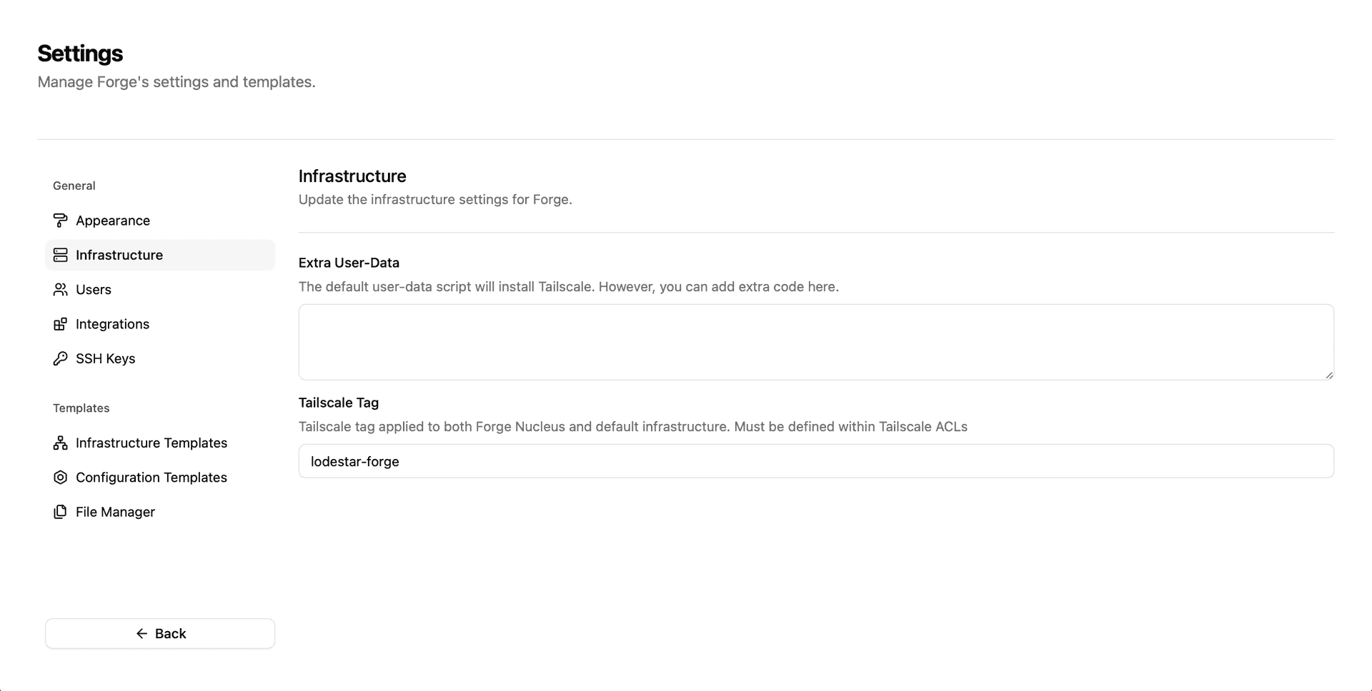 Infrastructure settings within Lodestar Forge.