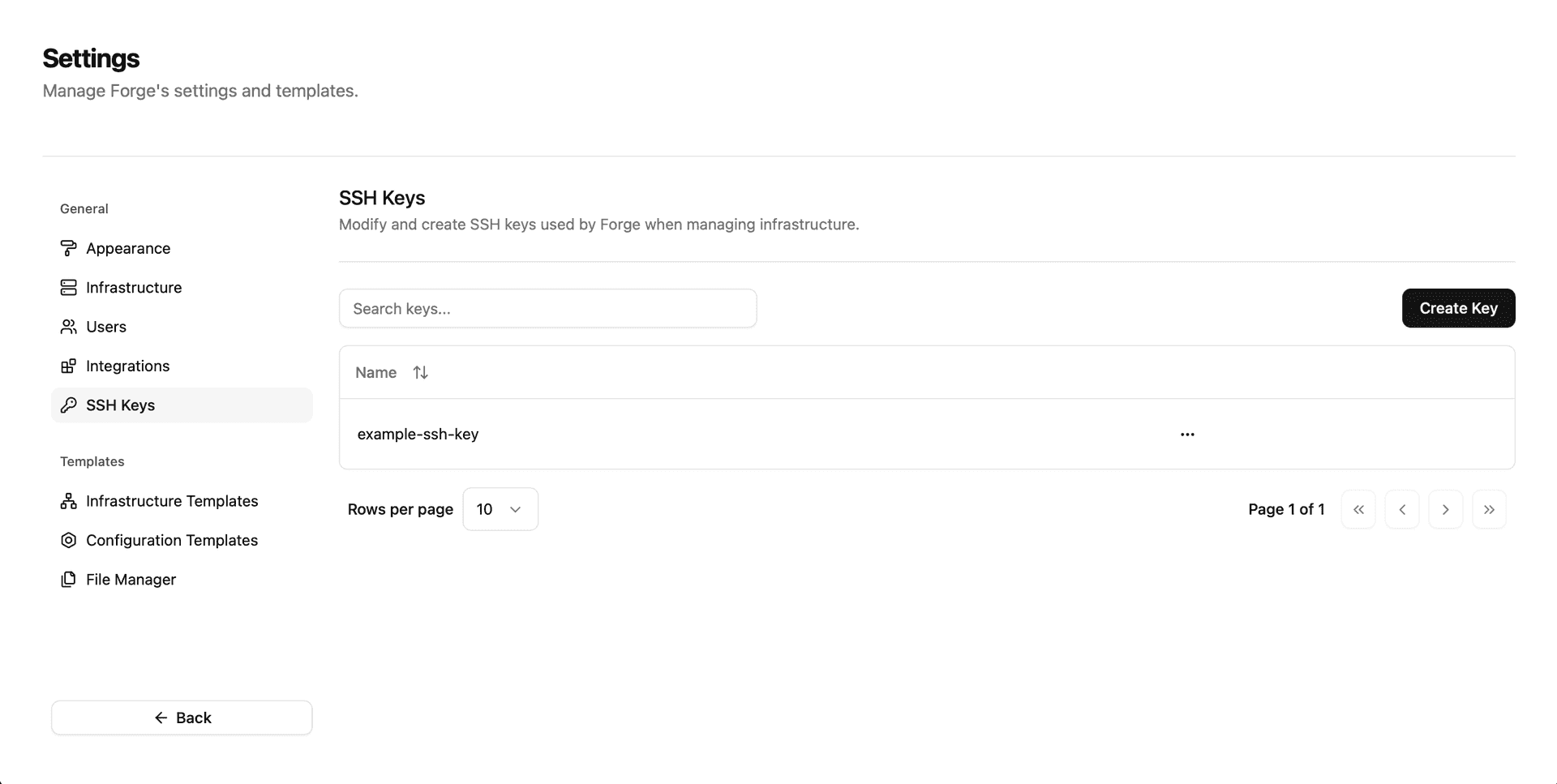 SSH Key settings within Lodestar Forge.
