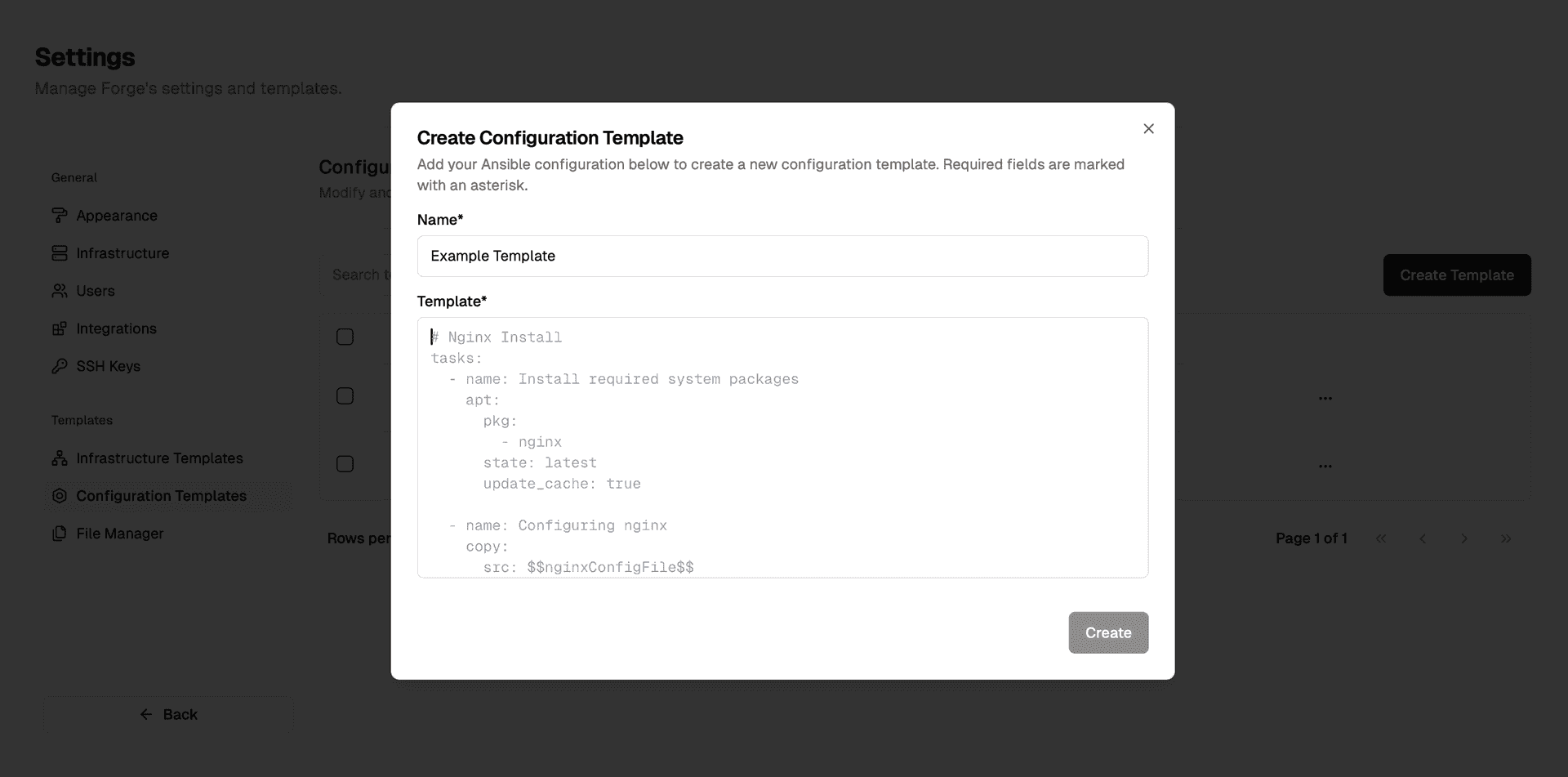 Creating a new configuration template in Forge