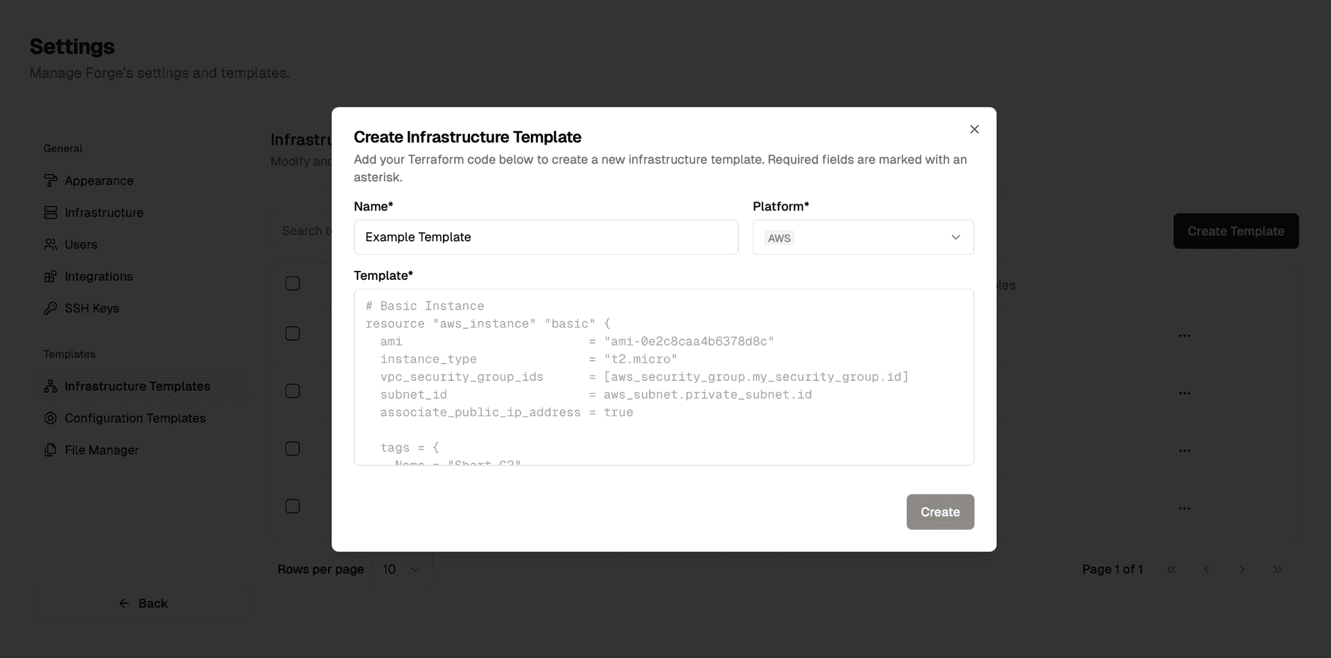 Creating a new infrastructure template in Forge